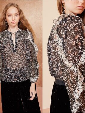 Ulla Johnson Norma Silk Noir Black Floral Print Ruffle Trim Blouse Size 0